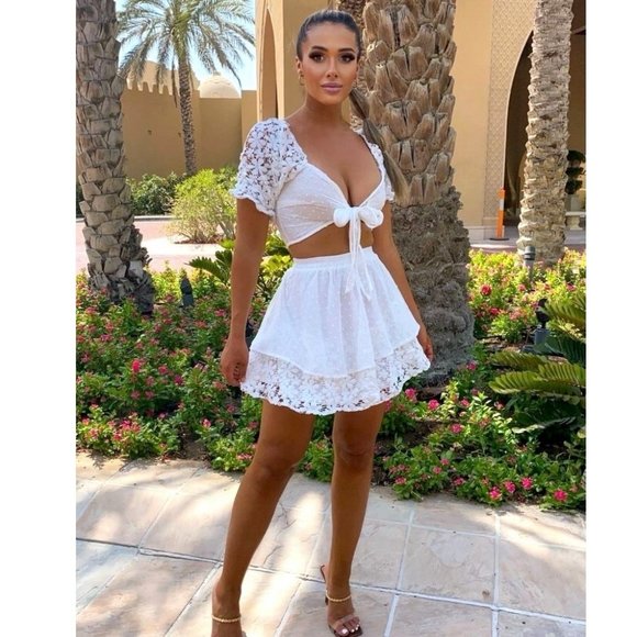 White Lace Trim Short Sleeve Crop Top and High Waist Mini Skirt Two Piece Set - Picture 2 of 14